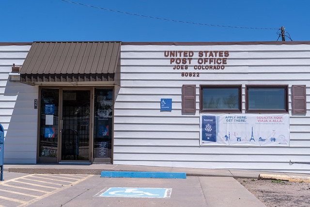 Joes, Colorado - July 28, 2021: Exterior of the Joes Colorado USPS post office