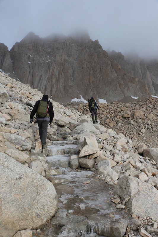 There were quite a few icy sections that morning on the 97 Switchbacks on the Mount Whitney Trail