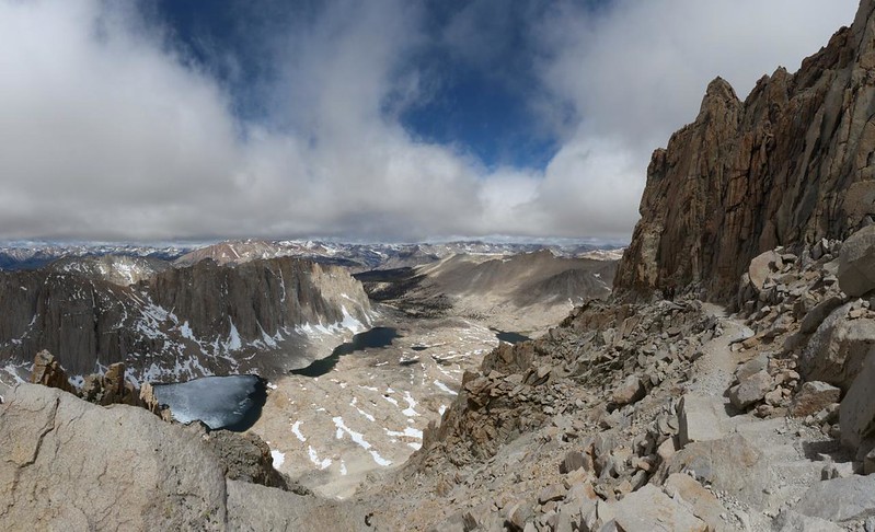 Panorama view west from the Mount Whitney Trail near Trail Crest with the Hitchcock Lakes and Guitar Lake below