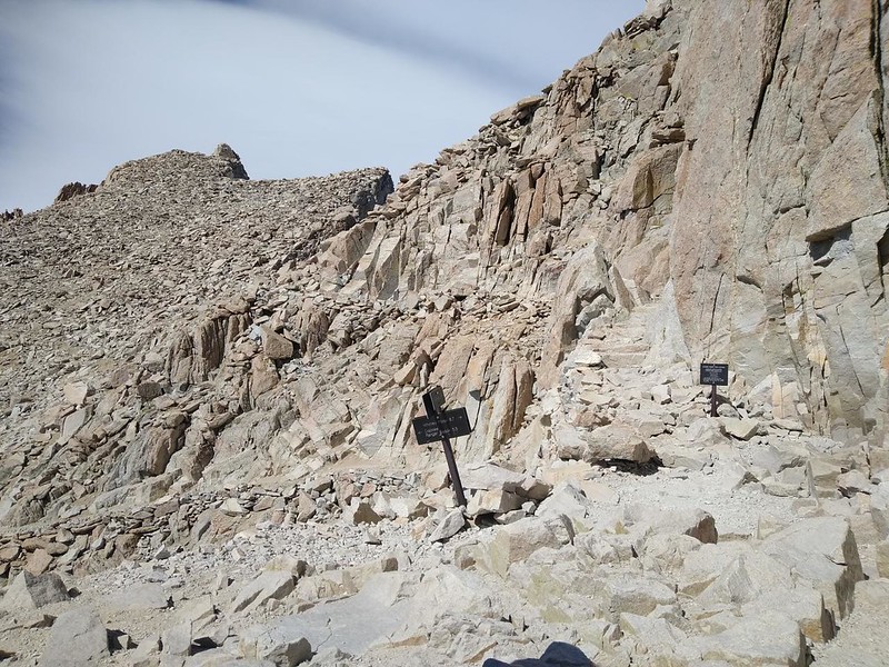 The John Muir Trail joins the Mount Whitney Trail near Trail Crest, looking north toward Mount Mui