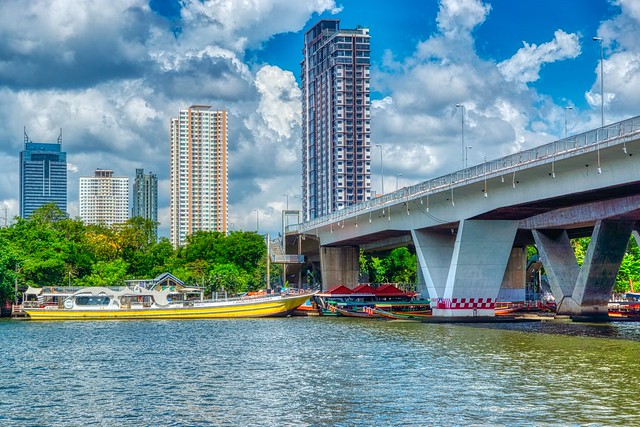 King Taksin the Great bridge spanning the Chao Phraya river in Bangkok, Thailand