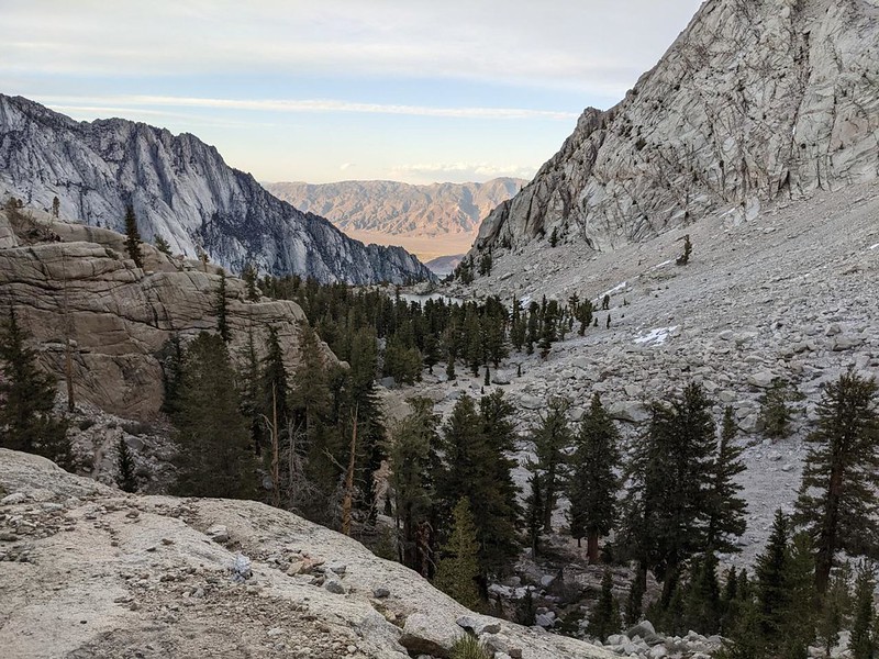 Lone Pine Lake came into view, as well as evening light on the Inyo Mountains to the east, from the Mount Whitney Trail