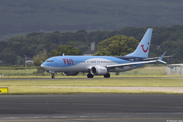TUI airlines Boeing 737 Max8, G-TUMH, departing Glasgow International Airport, Scotland.