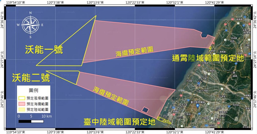 沃能一、二號風場已初步決定海纜上岸行政區，但實際點位、乃至於海纜鋪設路徑，皆尚未確認，環委認為應有更明確規劃，主管機關能源局則表示，已經規劃共同廊道供業者遵循。圖片來源：擷取自環評書件