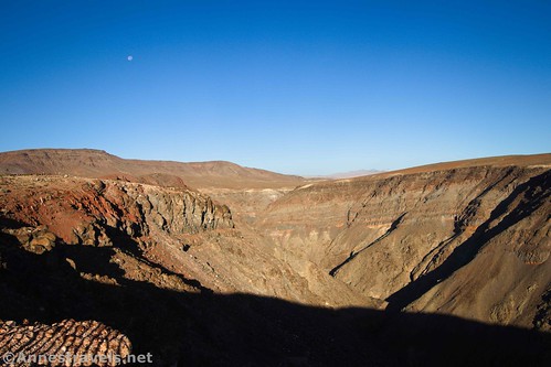 The moon over Rainbow Canyon in the early morning, Father Crowley Vista, Death Valley National Park, California