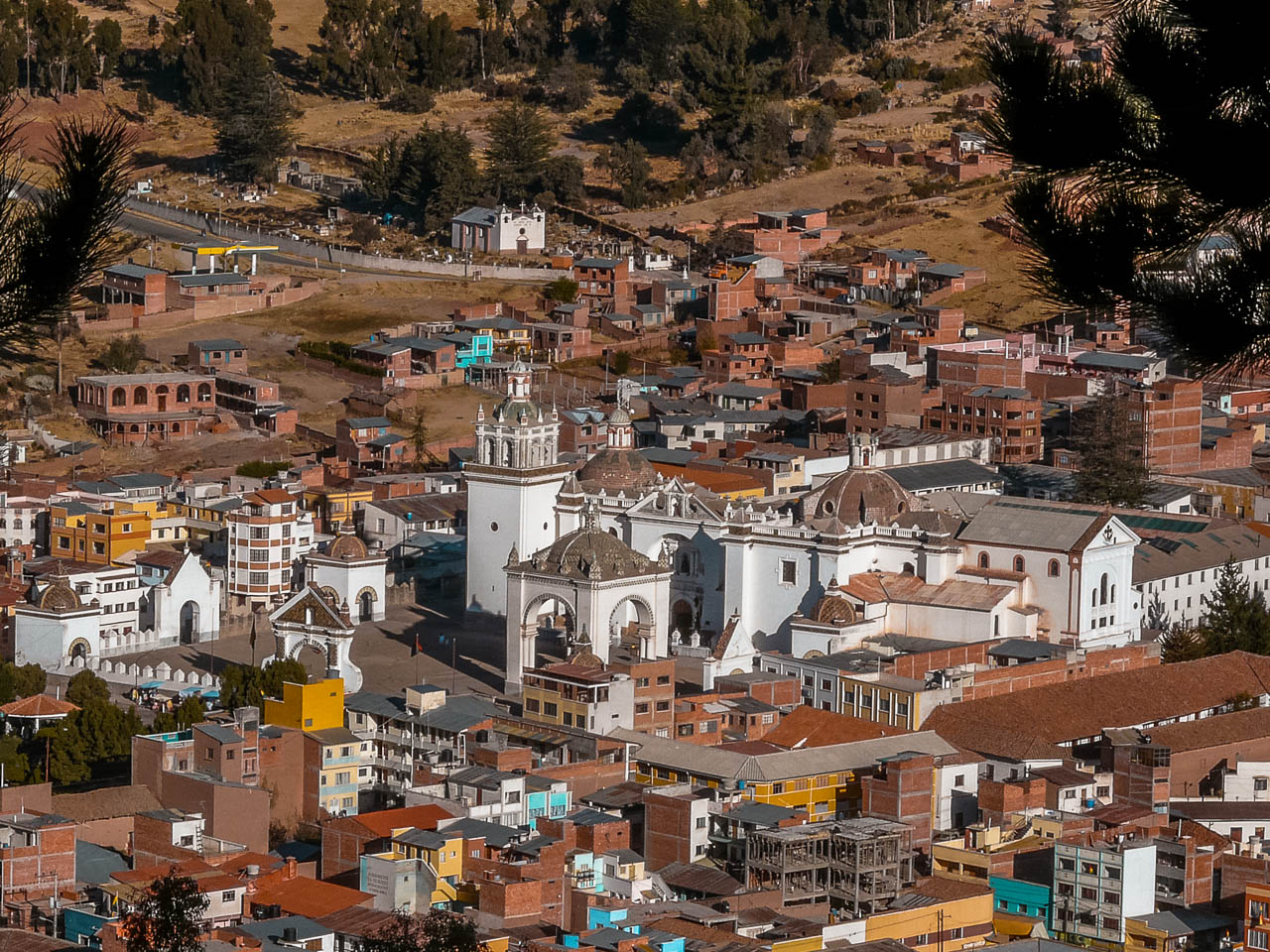 Basilica in Copacabana Bolivia, aerial view from Calvario Hill