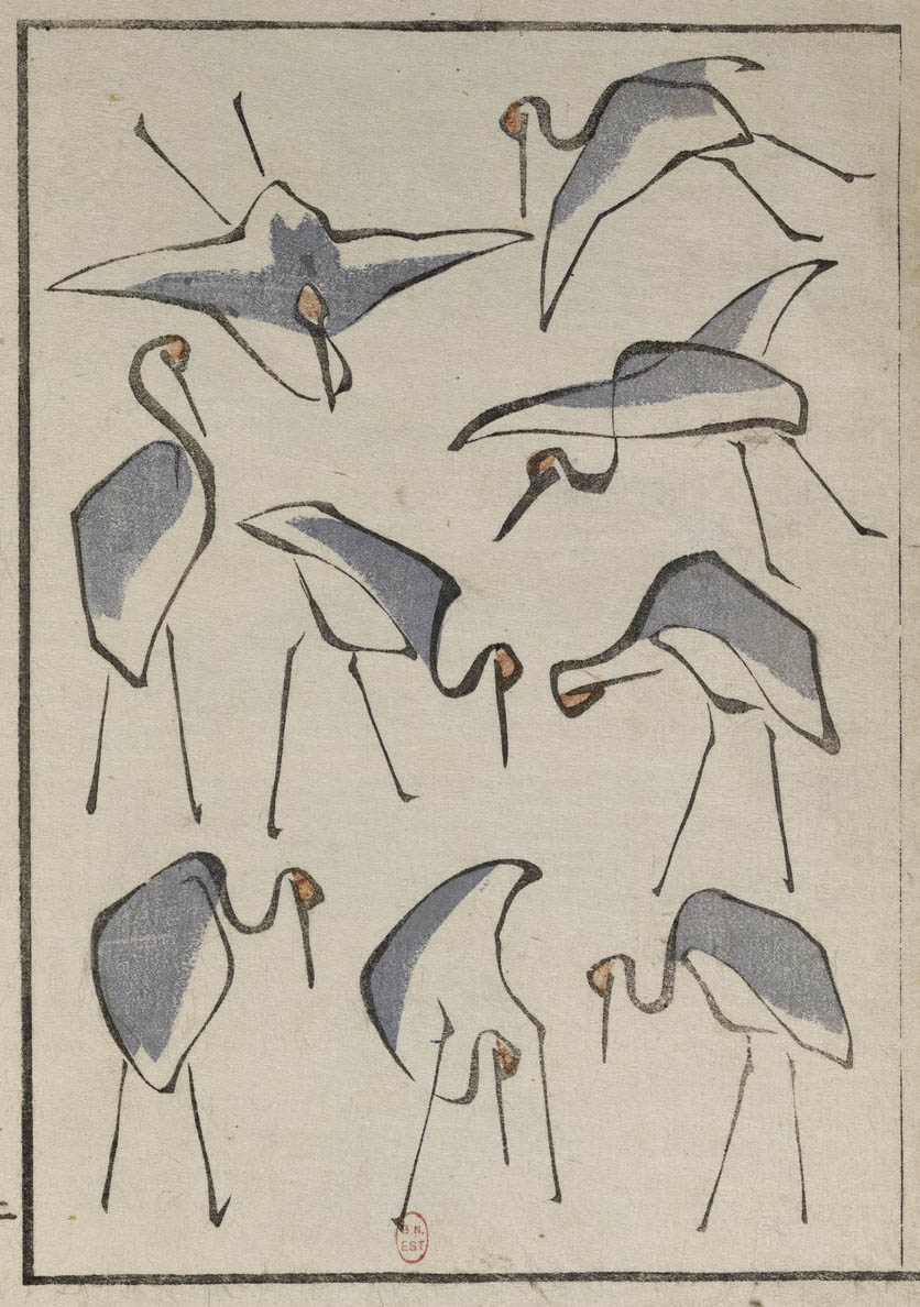 Katsushika, Hokusai (1760-1849) :: Cranes. Denshin kaishu ippitsu gafu : zen [Album de dessins d'un coup de pinceau]. Gravure sur bois polychrome, 1823 | src BnF ~ Gallica