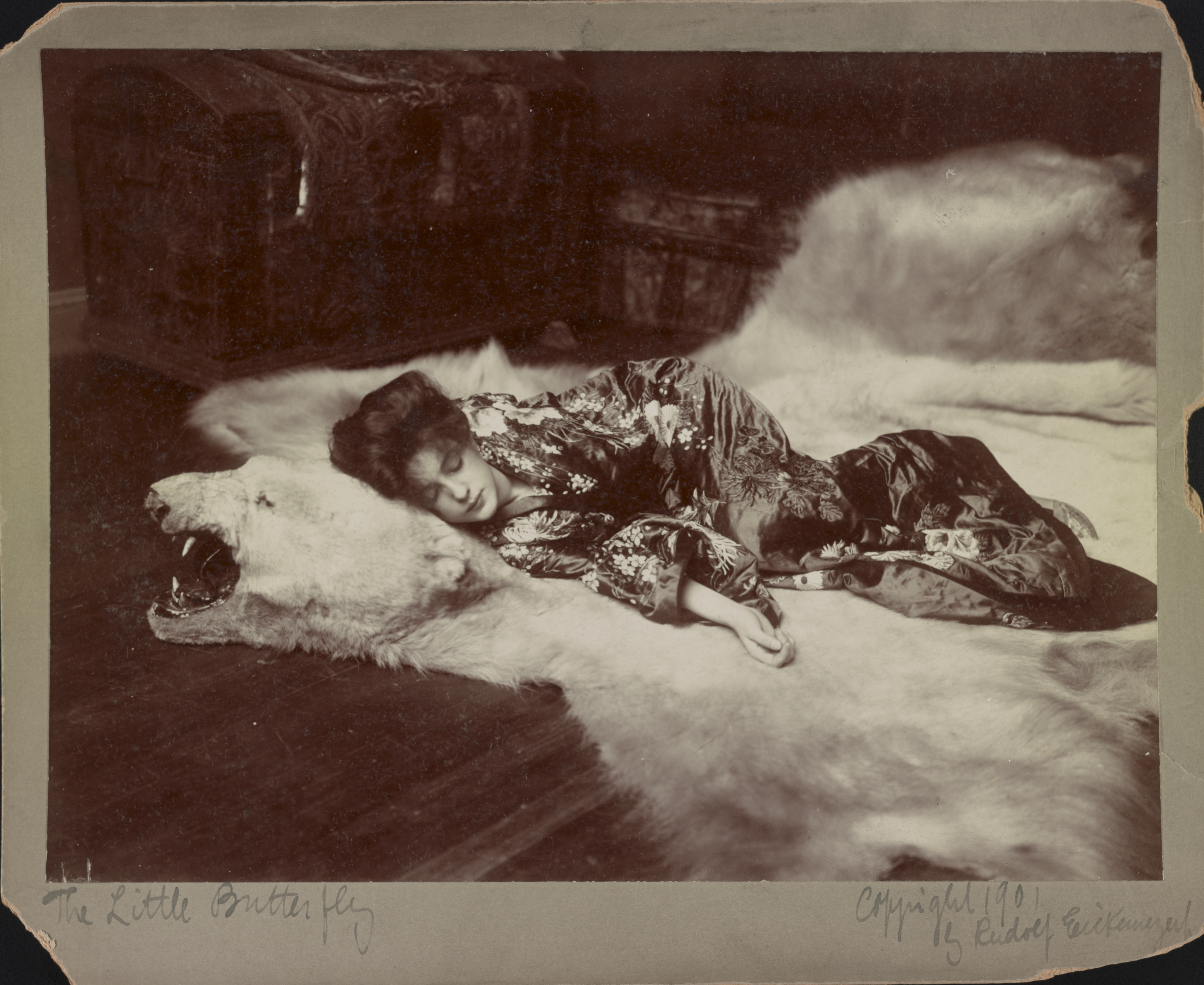 Rudolf Eickemeyer Jr. (1862-1932) :: The little butterfly [Evelyn Nesbit in Stanford White's Japanese kimono posing sleeping on a polar bear rug at Campbell Art Studio in New York City], 1901. | src Library of Congress