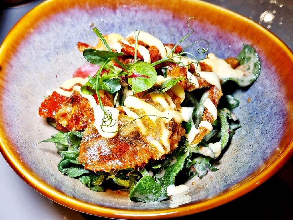 Local Soft Shell Crab With Ice Plant, Ume Infused Tomato, Yuzu Dressing