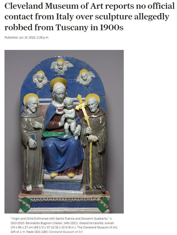 RARA 2022: "Italian Senator Margherita Corrado, asks for return of allegedly stolen art on display at Cleveland Museum of Art." ABC NEWS 5, Cleveland & THE CLEVELAND POST (13-14/06/2022). S.v. Il Fatto Quotidiano (19/06/2022) & Valdarno Post srl (06/2022)