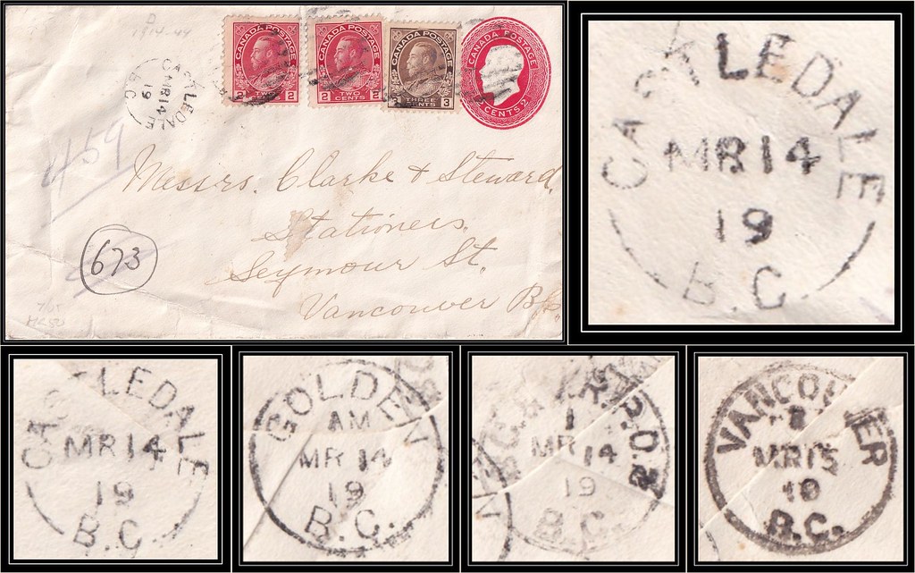 British Columbia / B.C. Postal History / Regisitered Cover - 14 / 15 March 1919 - CASTLEDALE, B.C. (split ring / broken circle cancel / postmark) to Vancouver, B.C. via Golden, B.C. & RPO