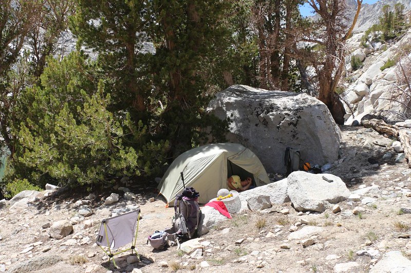 We set up our camp in the shade of some pines, just up the hill from the lake - and Vicki immediately took a nap