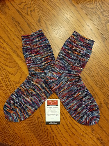 The second pair Beverley finished are knit in a Roman rib and knit using ZYG Superfine Fingering in Peacock.