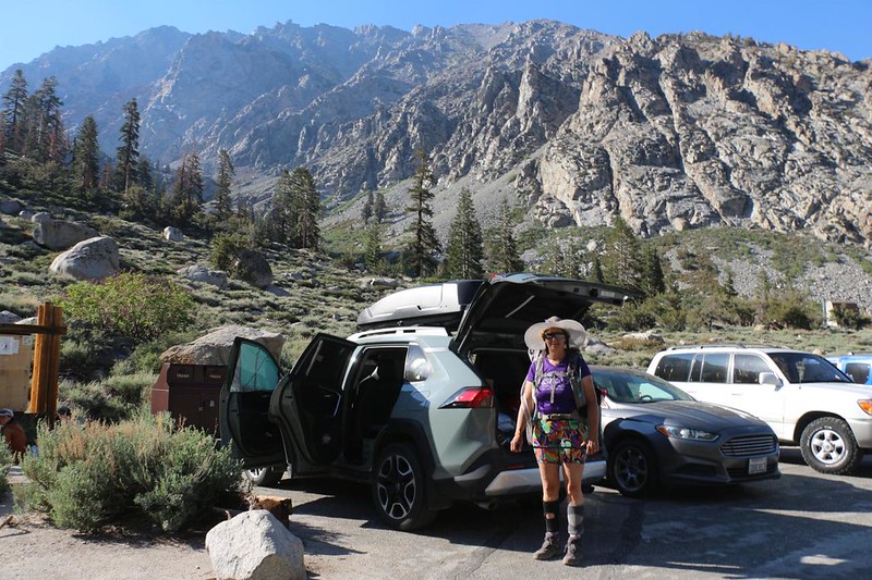 Happy Vicki at our car in Onion Valley after a successful week spent trout fishing all around this area