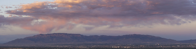 Albuquerque and the Sandias from the west mesa 12by48 5-shot panorama