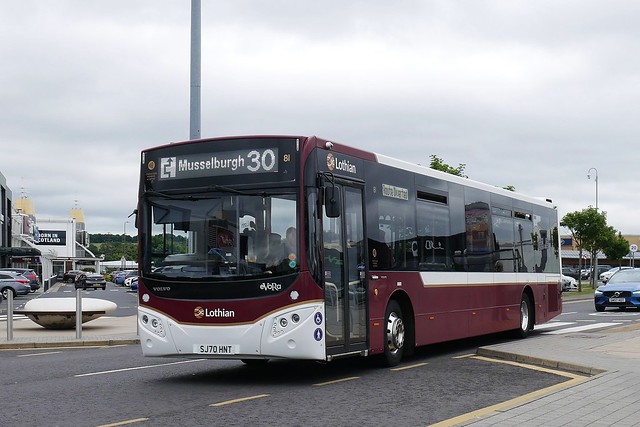 Lothian Volvo B8RLE MCV eVoRa SJ70HNT 81 operating service 30 to Musselburgh at Fort Kinnaird on 21 June 2022.
