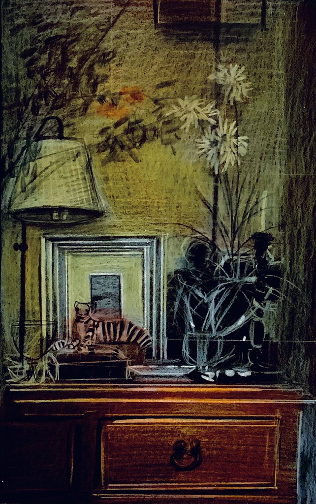 Sketch of an alcove at home.   Polychromos pencil drawing by jmsw on black card.