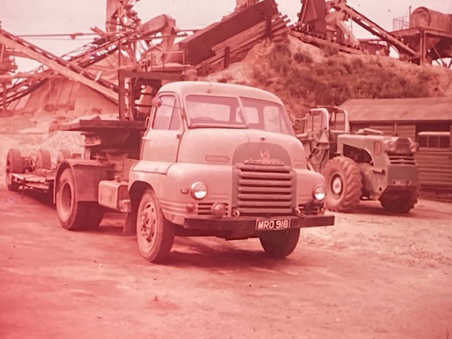 BRAZIER’S of Ware ,gravel pit ,a good mate took this in 1964 ,early Bedford S type and low loader trailer -this has the first grille badge that came out in 1951.