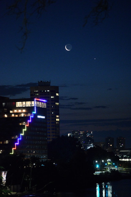 Hyatt rainbow lights, Crescent Moon and Venus at dawn