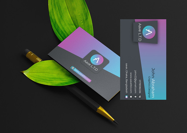 Business Card on two leaves with Pencil Mockup Perspective view