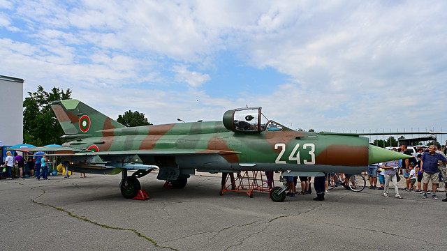 This MiG-21 isn't airworthy, but doesn't look like it would need much work to fly. 243 is a MiG-21bis-SAU, or 'FISHBED-N' in NATO parlance. It was wheeled out to add some glamour at Graf Ignatievo AB. This variant was supplied to Bulgaria and E. Germany.
