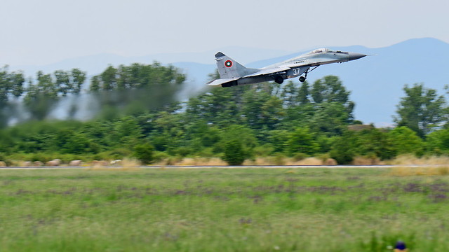 Single seat MiG-29 'FULCRUM' #37 gets airborne at Graf Ignatievo AB, near Plovdiv.
