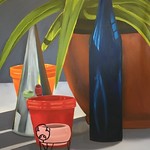 Foundation Painting 3: Painting of a green plant surrounded by smaller flower pots, a conical shape, and a blue bottle.
