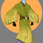 Digital Illustration - Capstone: Digital image of a floating bearded, purple figure wearing a green robe.
