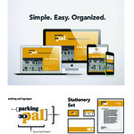 Parking Pal Branding: Website design for Parking Pal on four device screens. Bottom is a breakdown of the logo design.