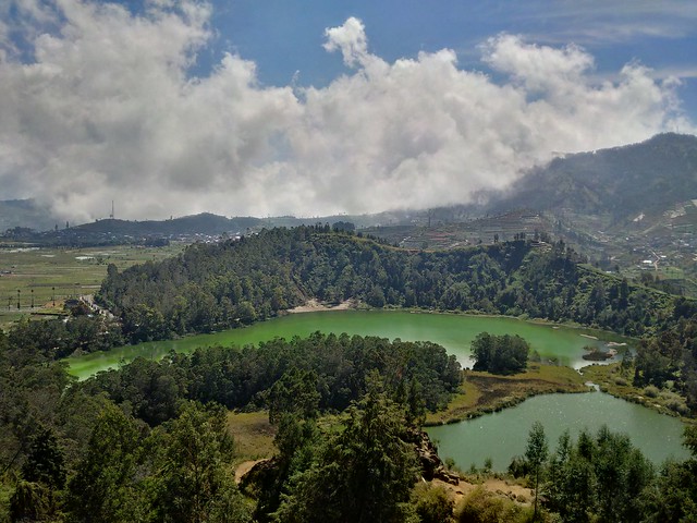 Two colors sulphuric crater lake, Telaga Warna, Dieng highlands, Central Java, Indonesia.