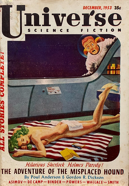 “Universe Science Fiction,” December, 1953.  Sunbathing in Space cover art by Mel Hunter and Malcolm H. Smith.