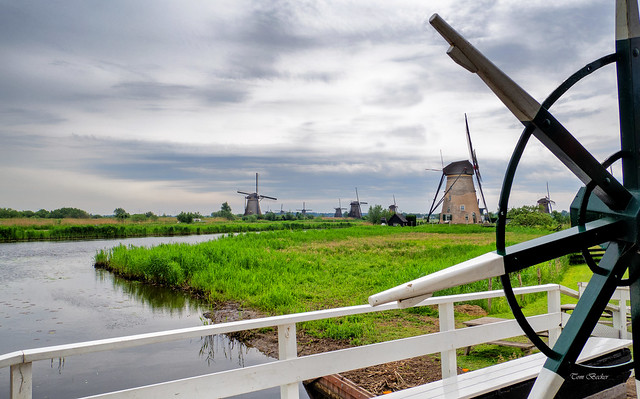 Dutch landscape scene with heritage windmills