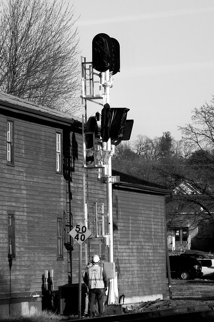 Crews work on the new signals before the change over from the old system later that evening, Brunswick MD, December 9, 2011