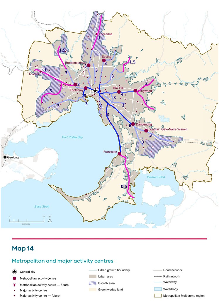 Metropolitan and major activity centres and growth areas map (Vic govt) with rail service frequencies added