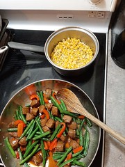 Fried Green Beans, Peppers & Beefless Tips, with Corn