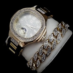 Men's Fully Iced Gold/Black Watch With Miami Cuban Link Bracelet