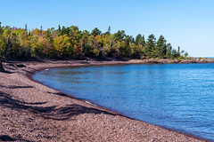 Lake Superior coastline at Agate Beach, known for its pink rocks, in Hunter's Point Park, near Copper Harbor, Michigan.
