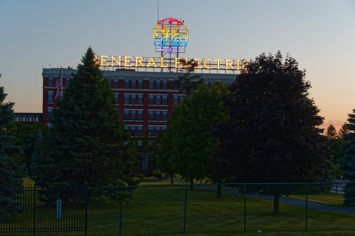 GE Sign by fotofish64, Iconic General Electric sign, with the GE logo lighted up in rainbow colors for the month of June. S