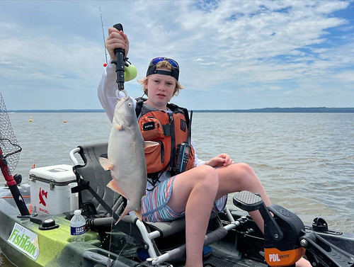 Photo of boy in a kayak holding up a fish on a line