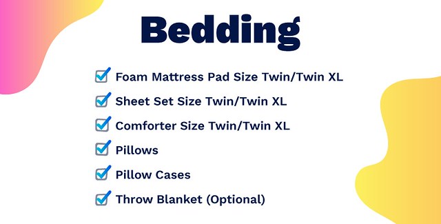 College Packing List! Things to Take to College Freshman Year! Foam Mattress, Sheet set, comforter, pillows, pillow cases