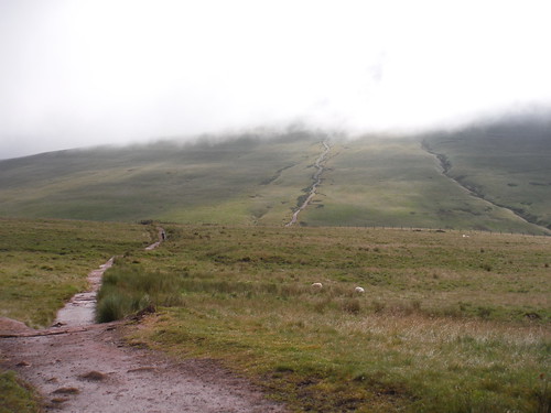 The route ahead, with driving mist at height SWC Walk 85 - Pen Y Fan and Corn Du from Storey Arms