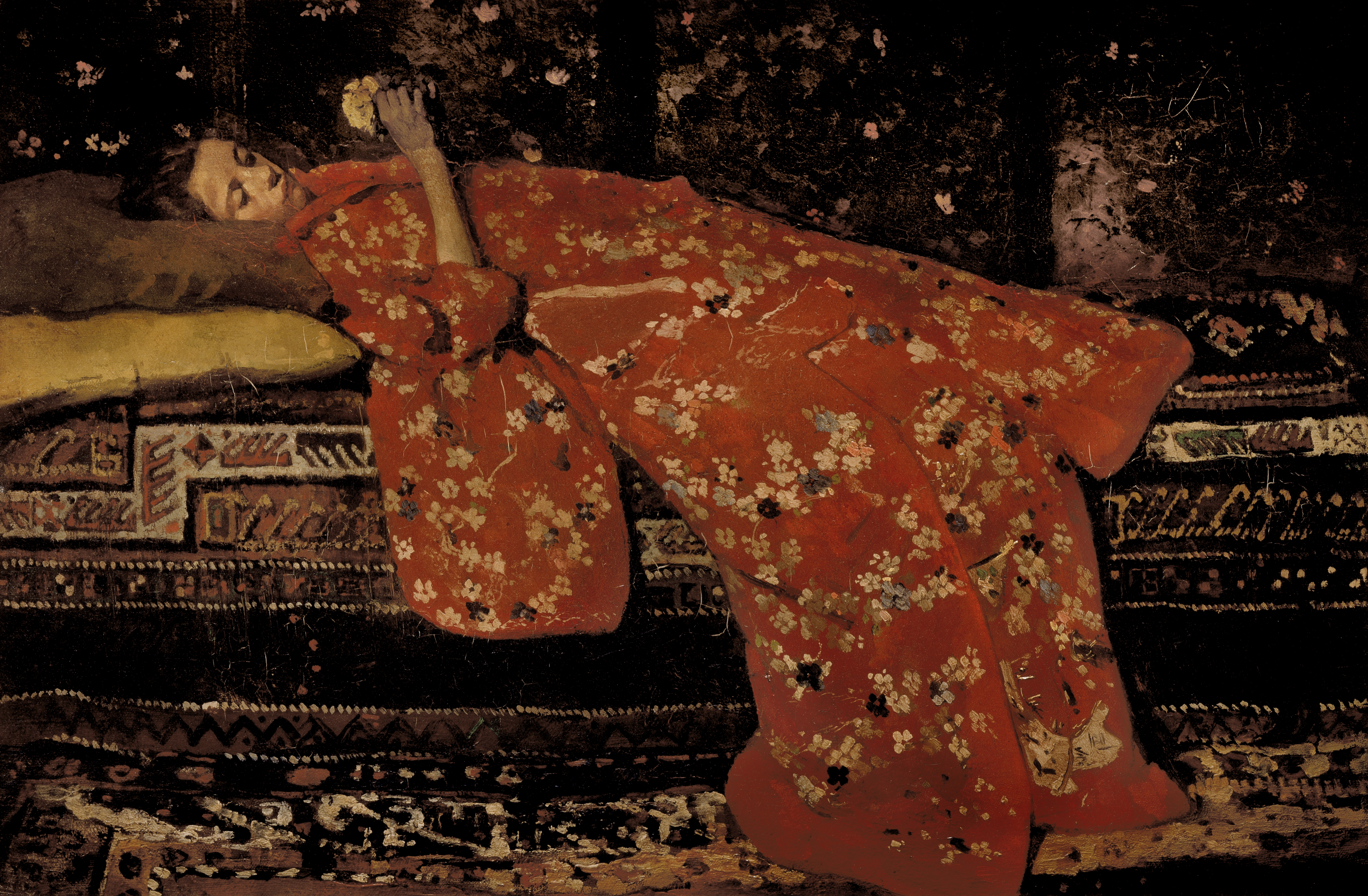 George Hendrik Breitner :: Girl in a red kimono (Geesje Kwak) | Meisje in rode kimono, liggend; oil on canvas, ca. 1896. Stedelijk Museum Amsterdam