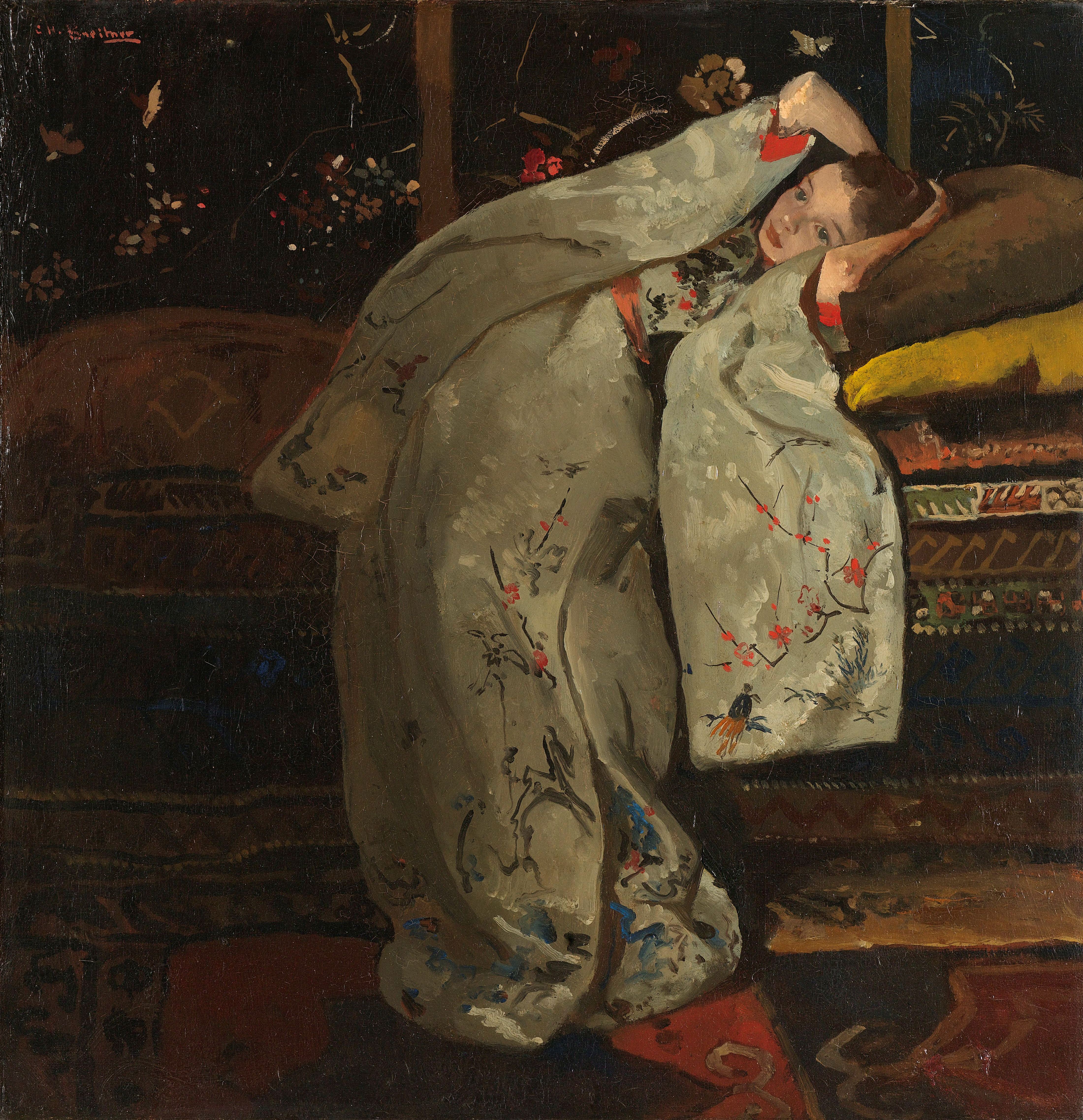 George Hendrik Breitner :: Girl in a White Kimono | Een meisje gekleed in een kimono, achterover liggend op een bank. Waarschijnlijk het model Geesje Kwak. | date: 1894. Oil on canvas. | src Rijksmuseum 