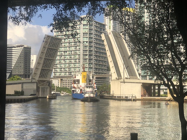 Freighter passing under Miami Avenue drawbridge, morning on the Miami River, Miami, Florida