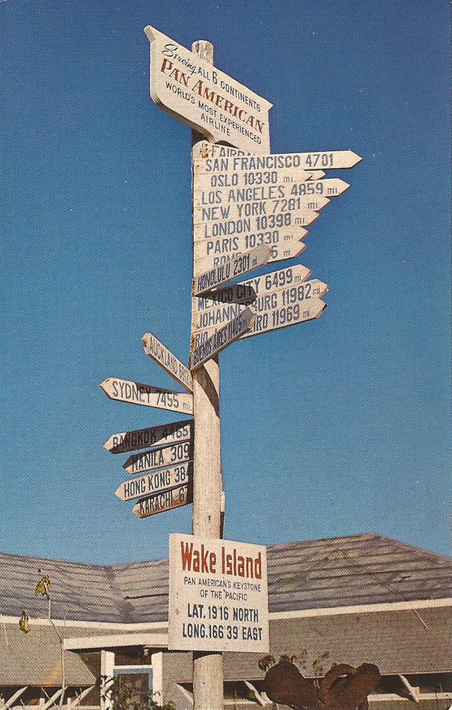 Wake Island, Pacific Ocean - Pan Am Directional Sign Post postcard - 1950's