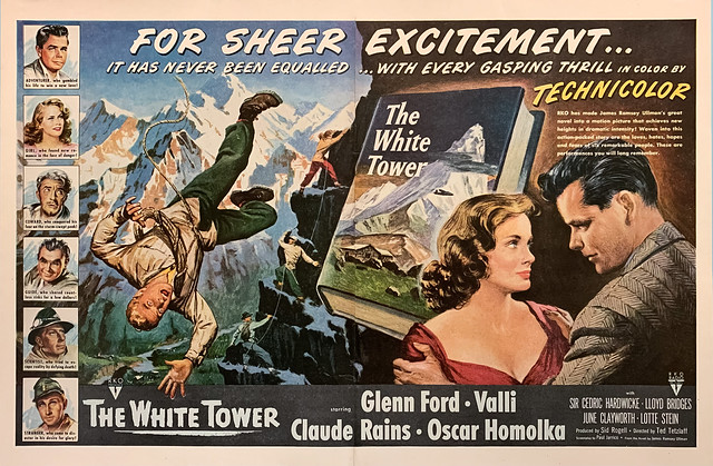 “The White Tower” (RKO, 1950).  Two-page magazine ad for this adventure film starring Glenn Ford as mountaineer Martin Ordway.