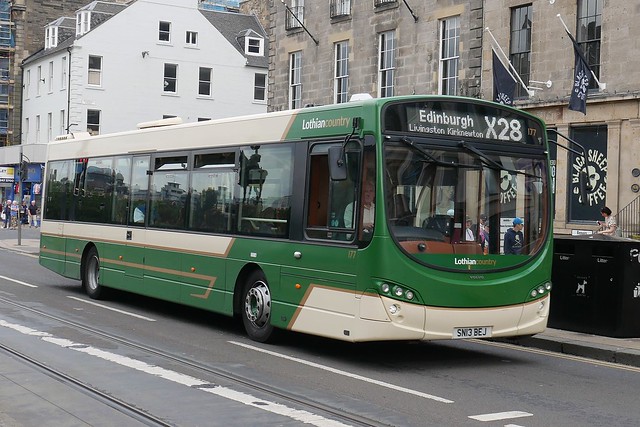 Lothian Country Buses Volvo B7RLE Wright Eclipse 2 SN13BEJ 177 operating service X28 to Edinburgh at Princes Street, Edinburgh, on 12 July 2022.
