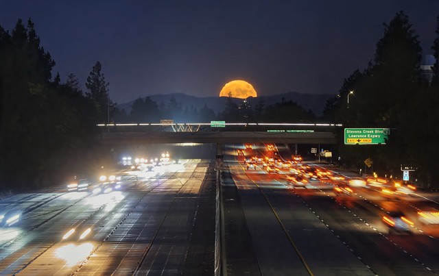 Full moon over Silicon Valley highway