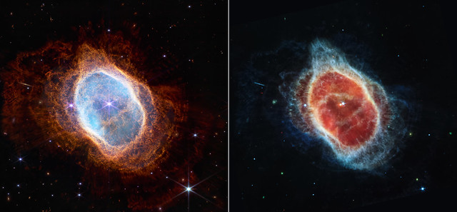 Érdemes a képre klikkelve belenagyítania képbe és galaxisokat keresni rajta. A balra felül lévő hosszú, elnyúlt egyenes szakasz fényvonala egy éléről látszó spirálgalaxis, nem a köd része. Balra a JWST közeli infravörös kamerájának (NIRCam), jobbra a közép-infravörös (MIRI) hamisszínes képe. Forrás: NASA, ESA, CSA és STScI