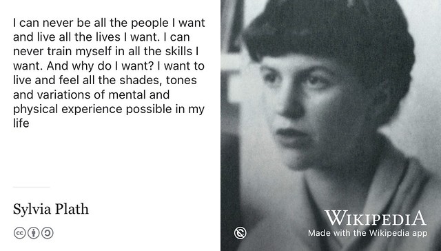 “I can never be all the people I want and live all the lives I want. I can never train myself in all the skills I want...”— Sylvia Plath